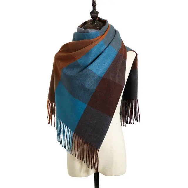 Mocha Marine Plush Plaid Scarf